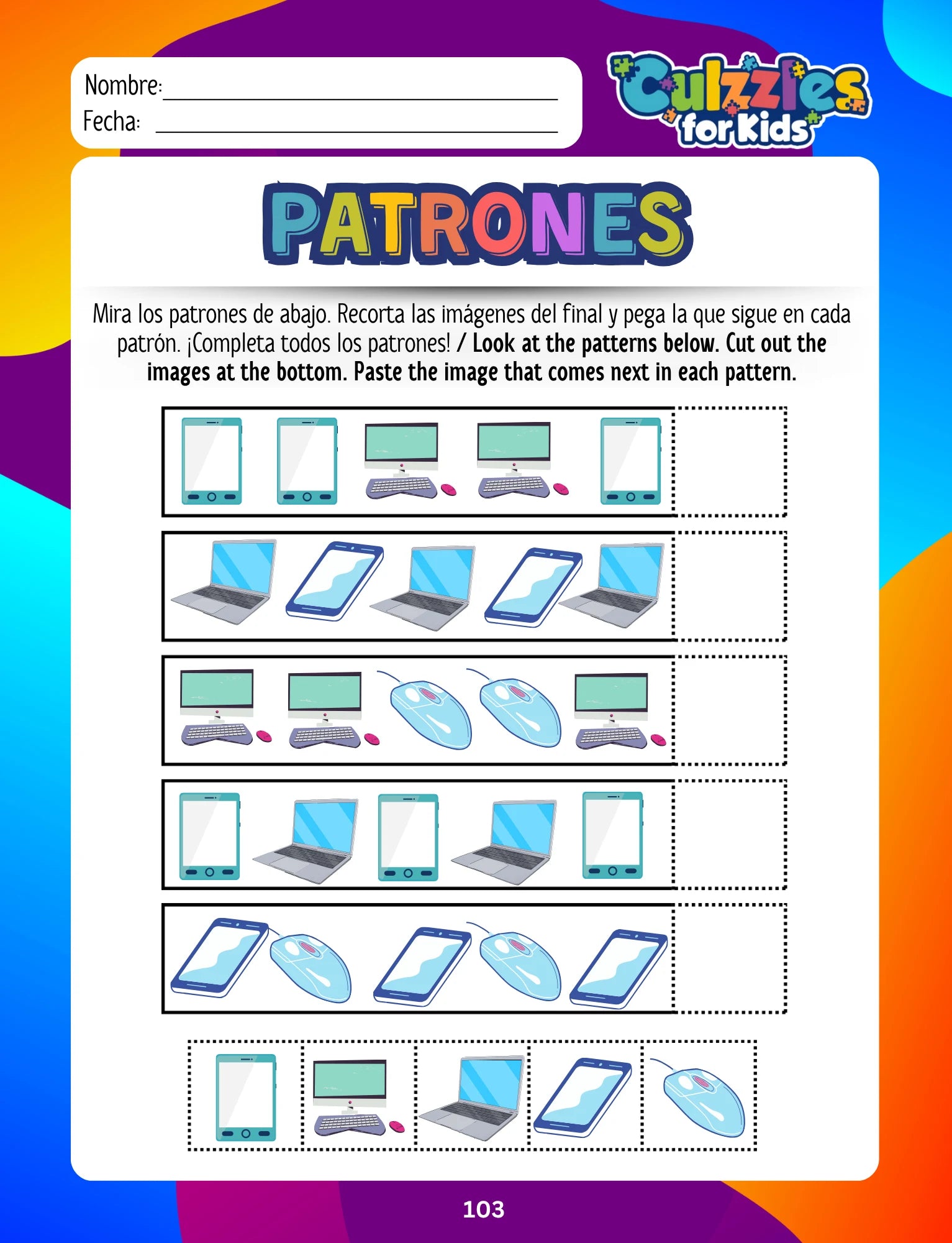 Educational worksheet for children with patterns and images of electronic devices, branded 'Cuillizies for Kids'.