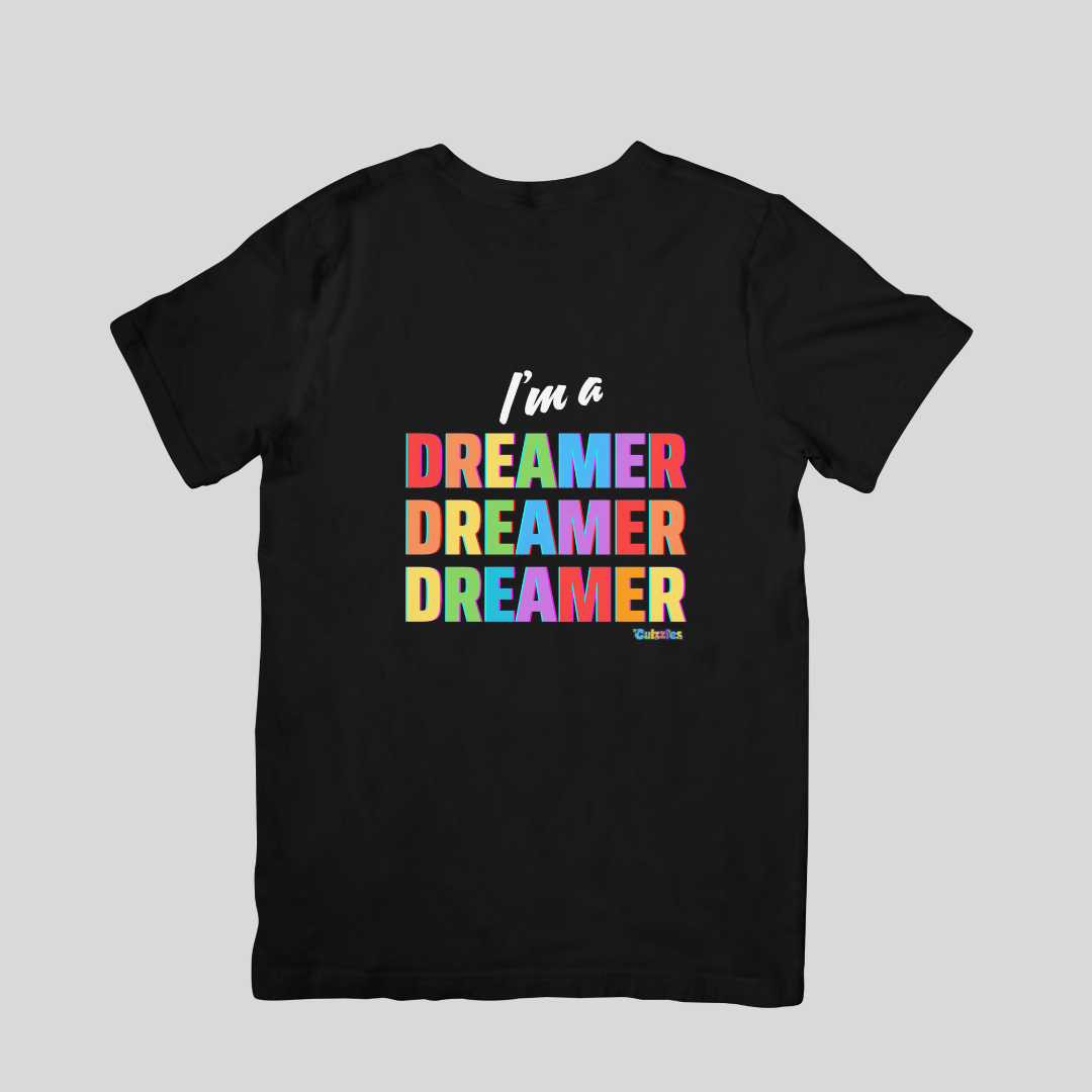 Black t-shirt with colorful 'I'm a dreamer' text on a gray background