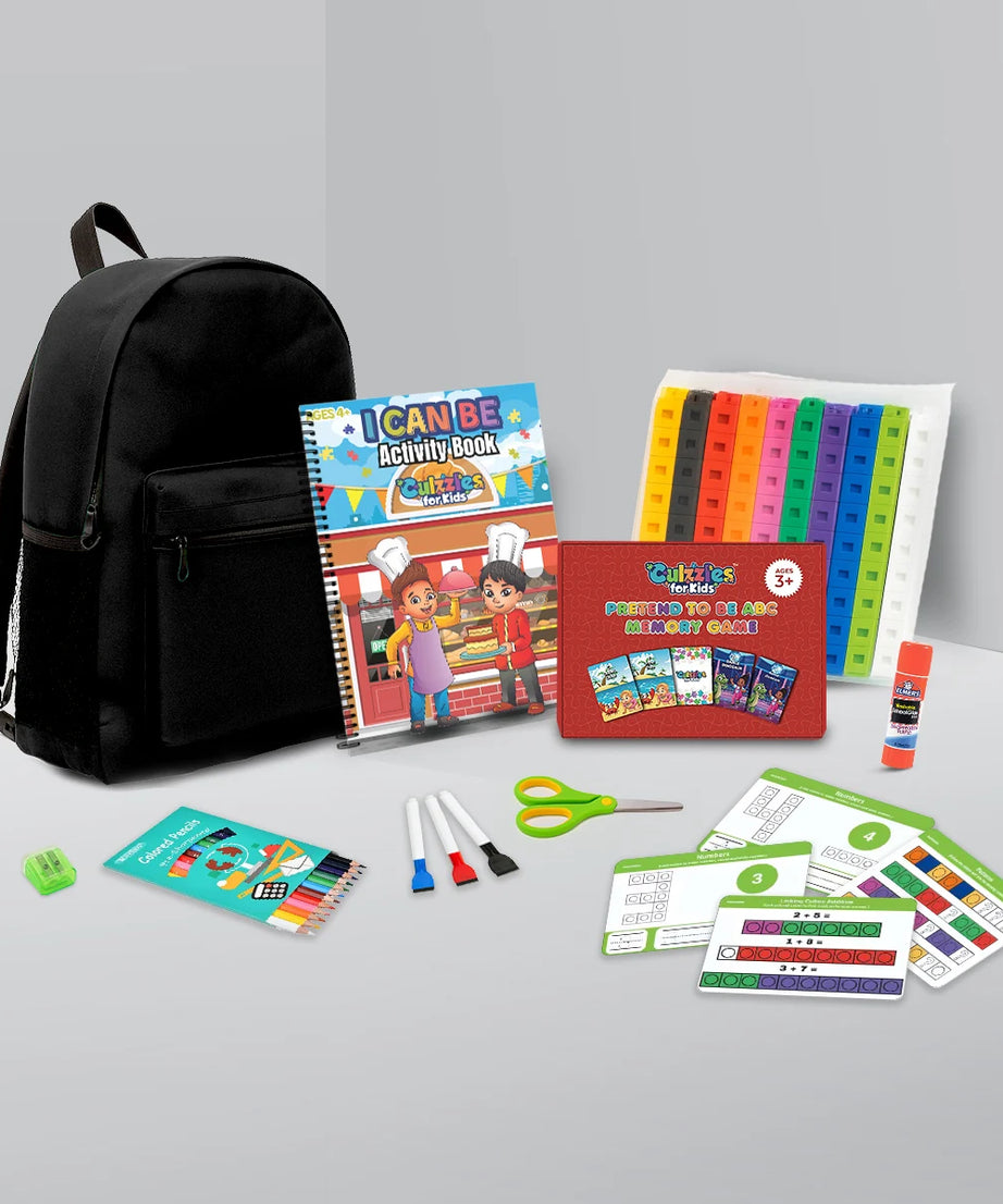 Backpack and educational materials including books and stationery on a gray surface.