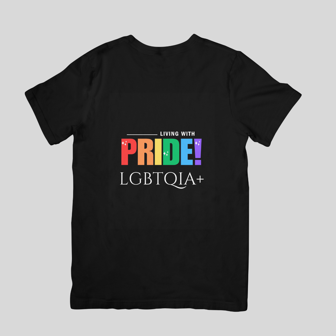 Black t-shirt with 'Living with Pride! LGBTQIA+' text on a gray background