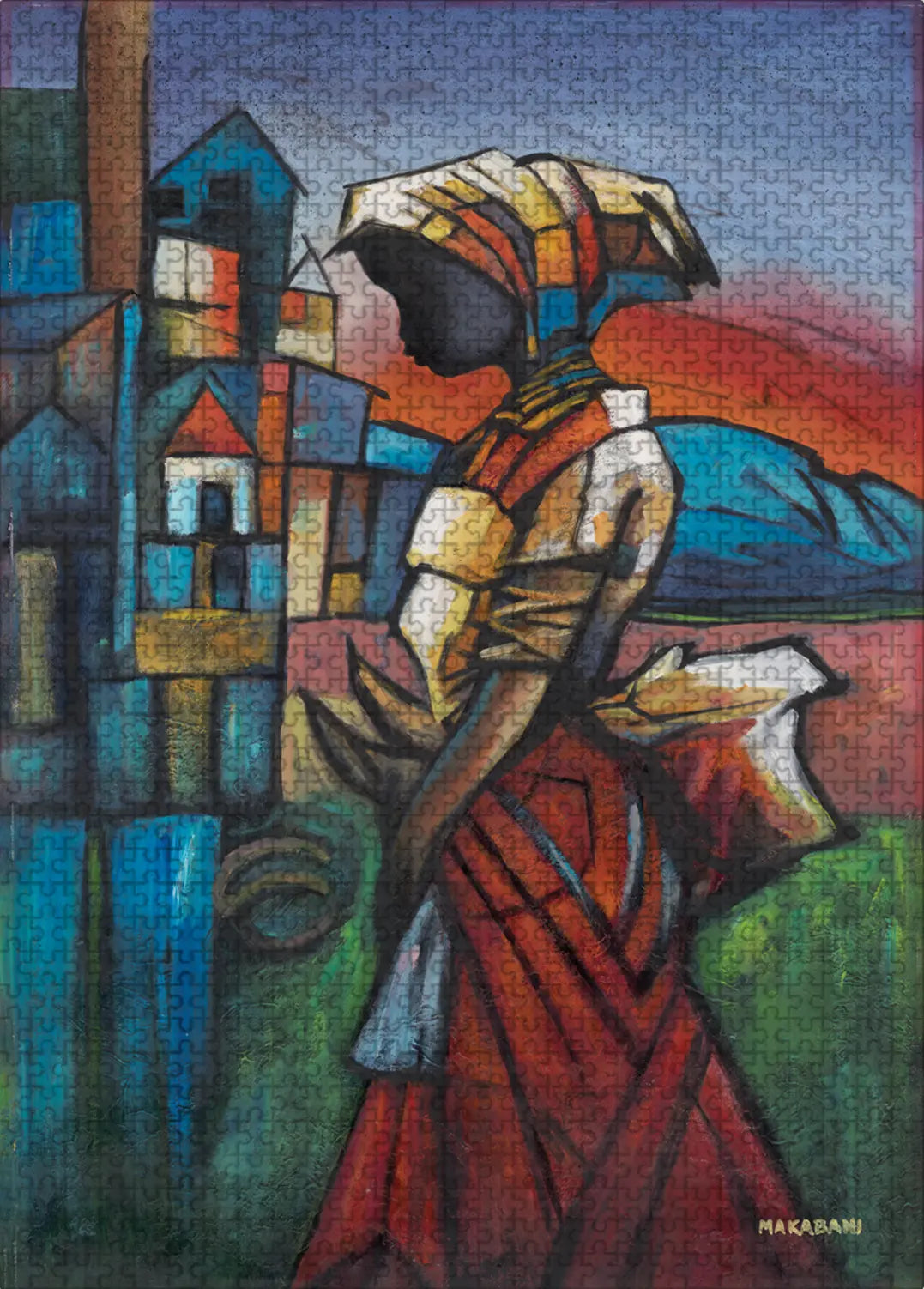 Artistic depiction of a woman with a colorful headscarf against a stylized landscape.