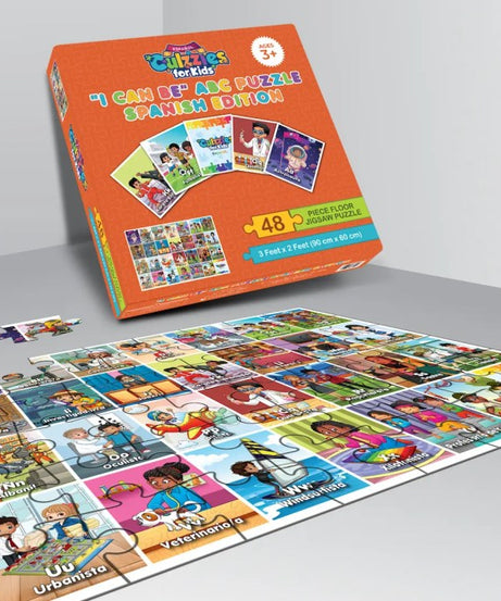Puzzle set with 'Clutter's for Kids' packaging on a gray surface
