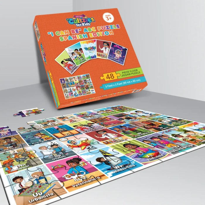 Puzzle set with 'Clutter's for Kids' packaging on a gray surface