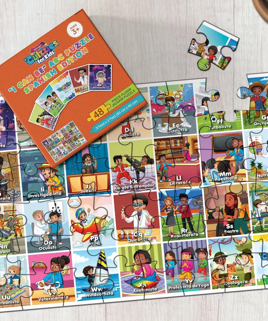 Children's puzzle set with colorful illustrations on a wooden surface