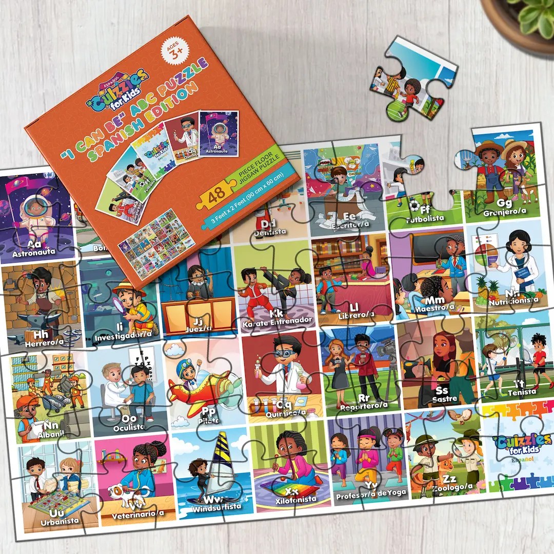 Children's puzzle set with colorful illustrations on a wooden surface