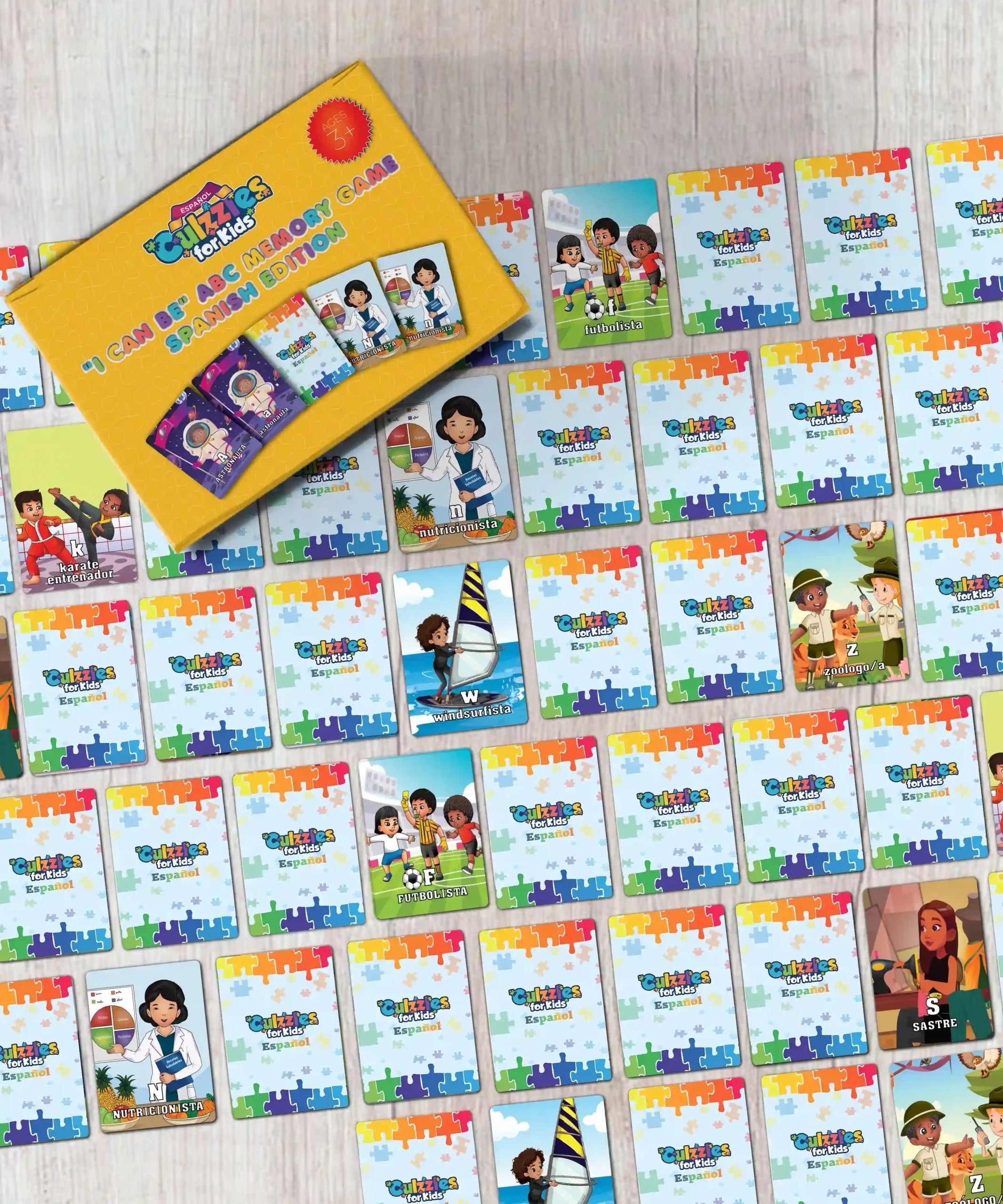 The puzzle pieces for the Culzzles Spanish Alphabet Memory Game for Kids