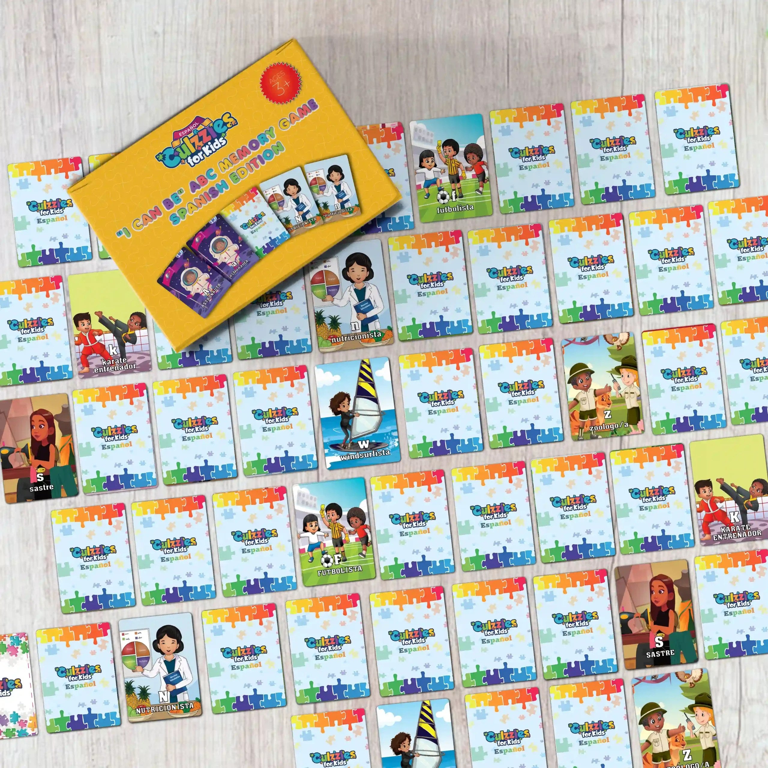 The puzzle pieces for the Culzzles Spanish Alphabet Memory Game for Kids