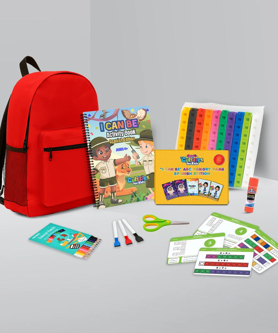 Culzzles Spanish kindergarten readiness educational materials for kids, including a red backpack, learning games, literacy-building materials, activity books, and stationery on a gray surface.
