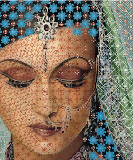 Artistic depiction of a face with intricate patterns and jewelry against a patterned background