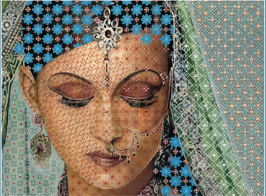 Artistic depiction of a face with intricate patterns and jewelry against a patterned background